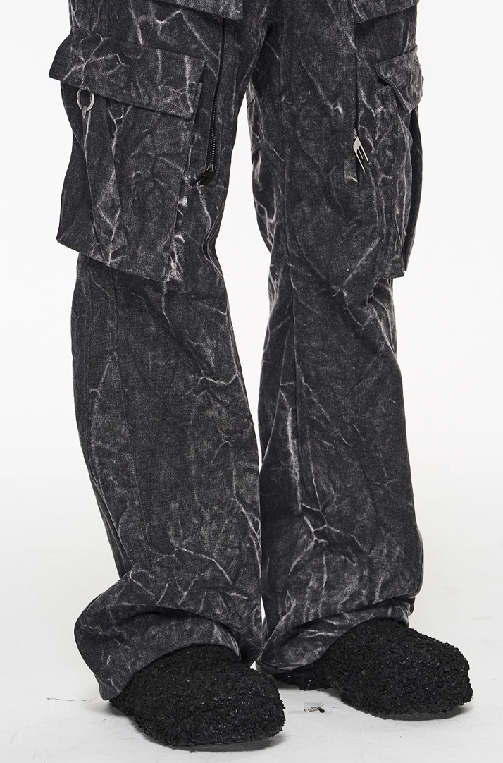 BLIND NO PLAN Psychedelic Washed Pockets Heavy Metal Pieces Workwear Pants