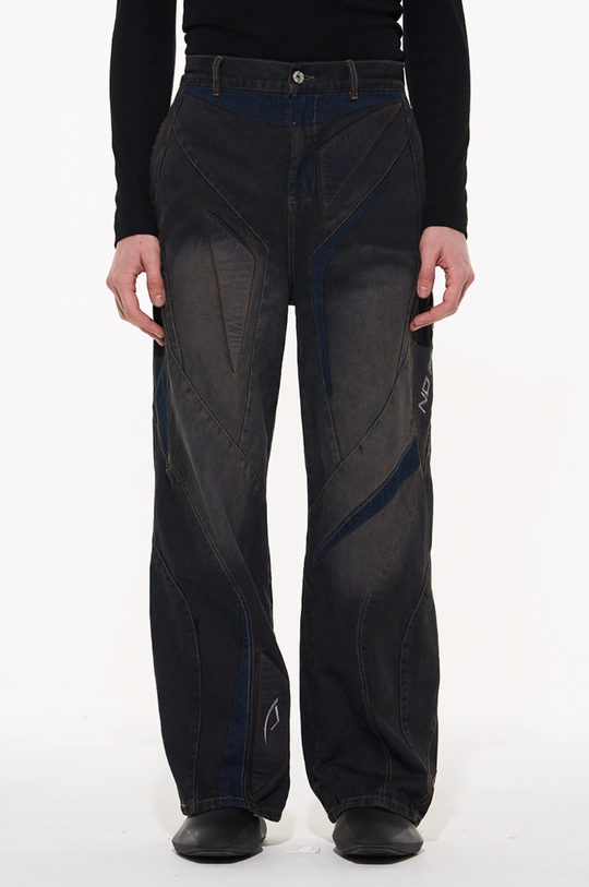 BLIND NO PLAN Heavy Duty Embroidered 3D Patchwork Biker Denim Jeans