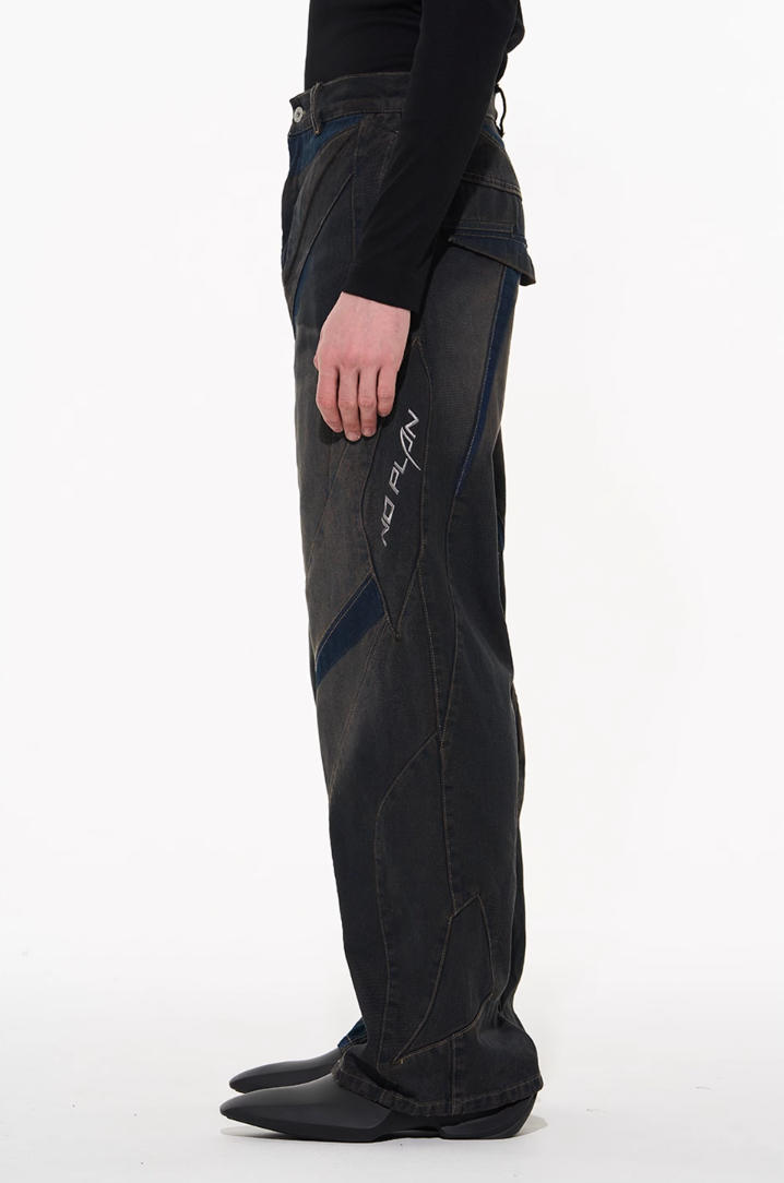 BLIND NO PLAN Heavy Duty Embroidered 3D Patchwork Biker Denim Jeans