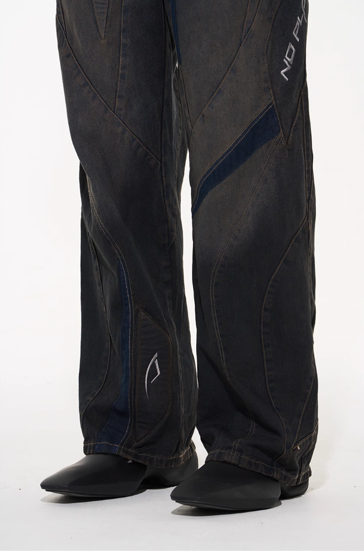 BLIND NO PLAN Heavy Duty Embroidered 3D Patchwork Biker Denim Jeans