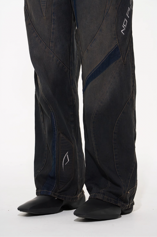 BLIND NO PLAN Heavy Duty Embroidered 3D Patchwork Biker Denim Jeans