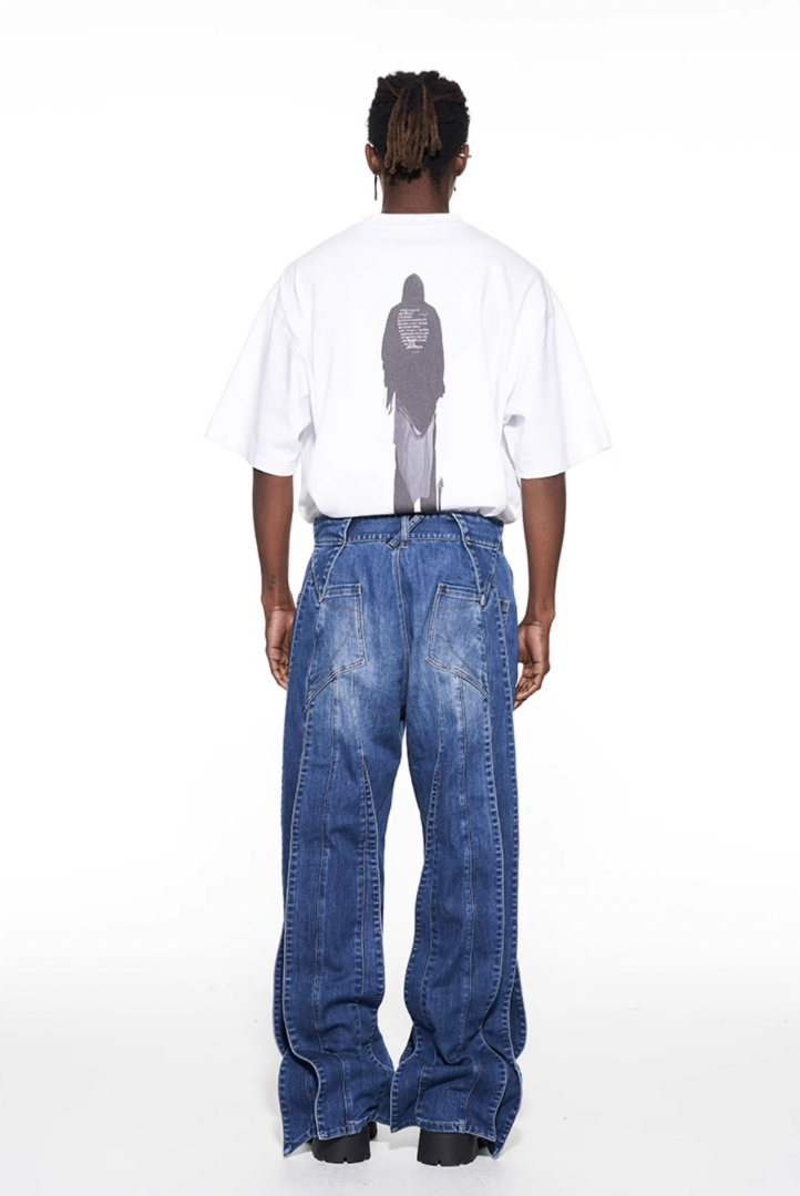 BLIND NO PLAN Stripe Patchwork Washed Denim Jeans