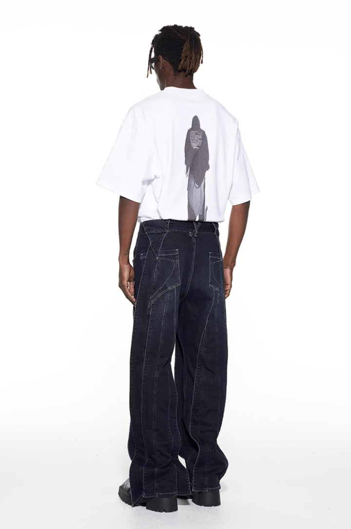 BLIND NO PLAN Stripe Patchwork Washed Denim Jeans