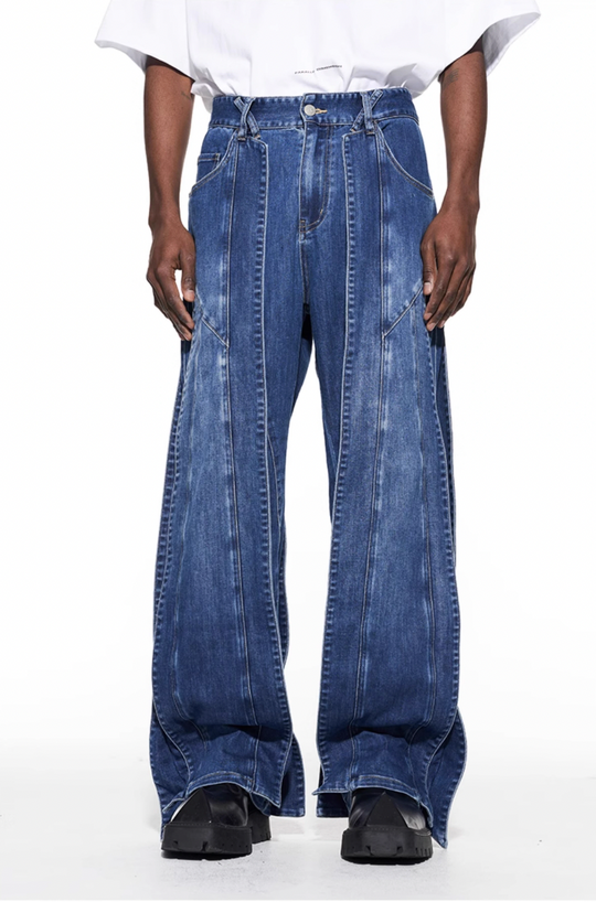 BLIND NO PLAN Stripe Patchwork Washed Denim Jeans