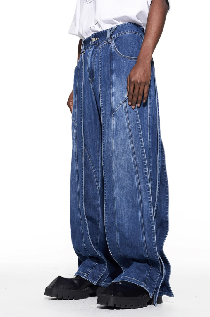 BLIND NO PLAN Stripe Patchwork Washed Denim Jeans