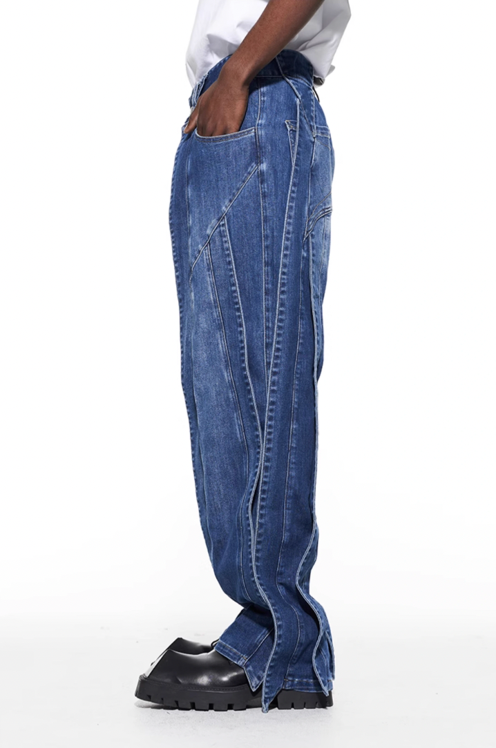 BLIND NO PLAN Stripe Patchwork Washed Denim Jeans