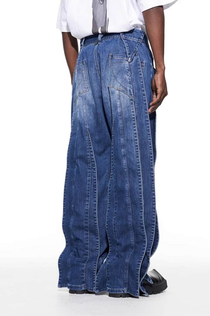 BLIND NO PLAN Stripe Patchwork Washed Denim Jeans