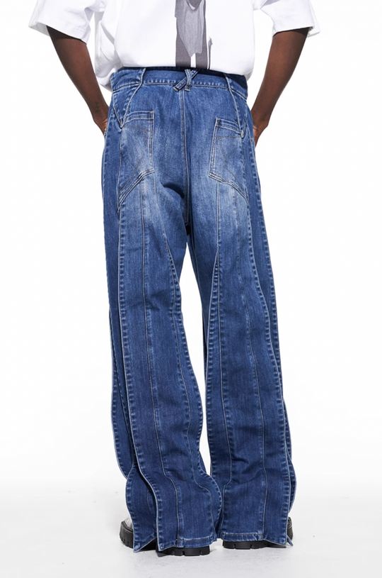 BLIND NO PLAN Stripe Patchwork Washed Denim Jeans