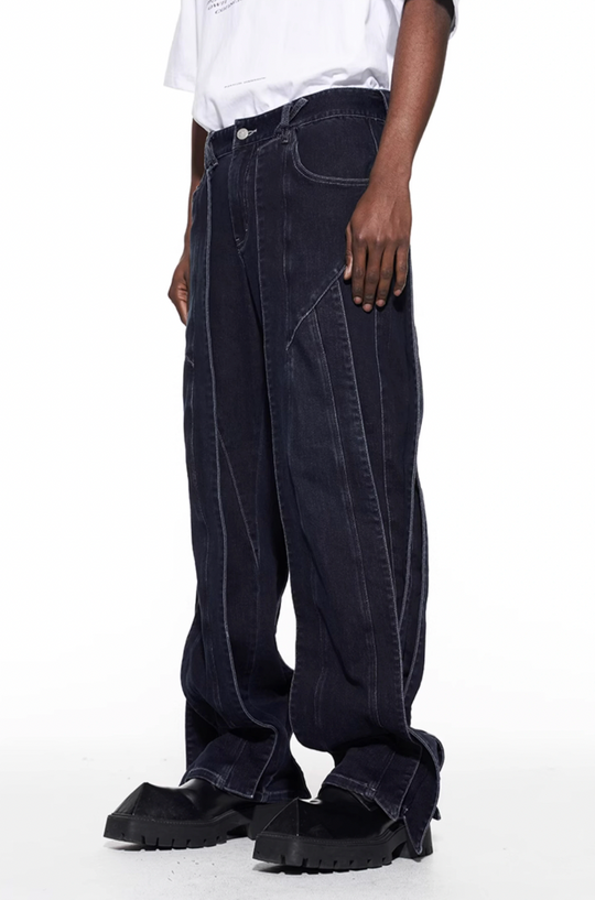 BLIND NO PLAN Stripe Patchwork Washed Denim Jeans