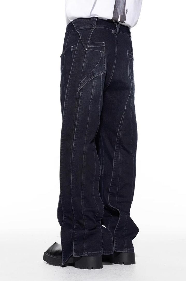 BLIND NO PLAN Stripe Patchwork Washed Denim Jeans