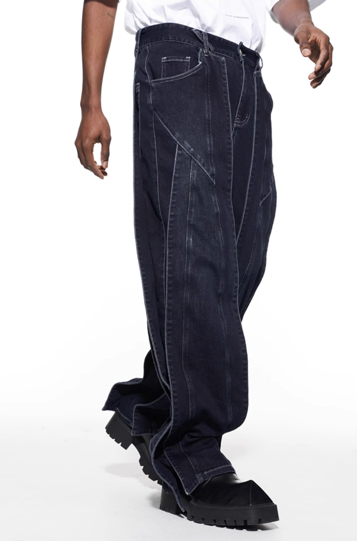 BLIND NO PLAN Stripe Patchwork Washed Denim Jeans