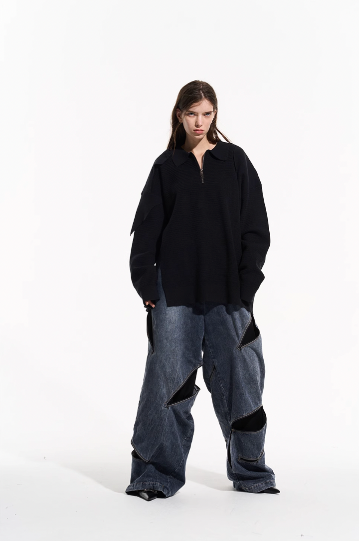 BLIND NO PLAN Zipper Destroyed Deconstructed Washed Denim Jeans