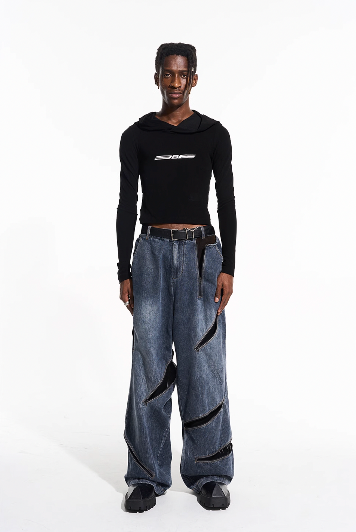 BLIND NO PLAN Zipper Destroyed Deconstructed Washed Denim Jeans