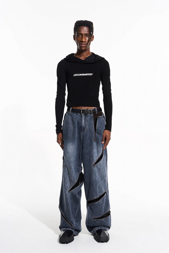 BLIND NO PLAN Zipper Destroyed Deconstructed Washed Denim Jeans