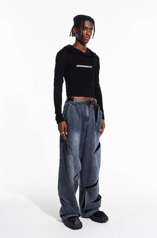 BLIND NO PLAN Zipper Destroyed Deconstructed Washed Denim Jeans