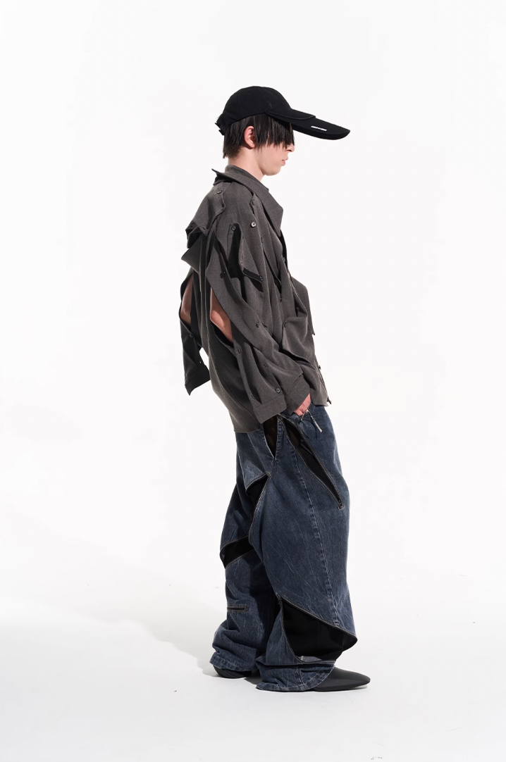 BLIND NO PLAN Zipper Destroyed Deconstructed Washed Denim Jeans