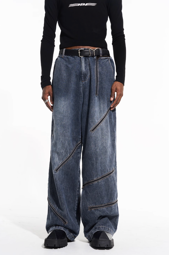 BLIND NO PLAN Zipper Destroyed Deconstructed Washed Denim Jeans
