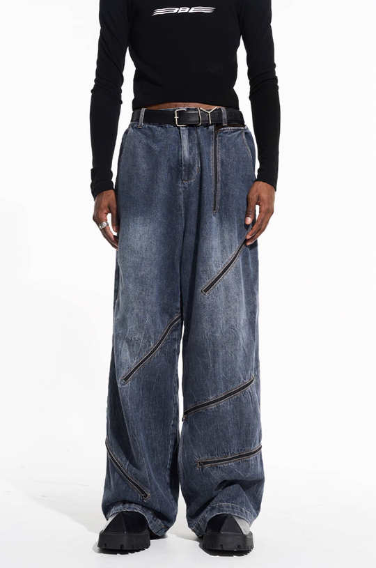 BLIND NO PLAN Zipper Destroyed Deconstructed Washed Denim Jeans