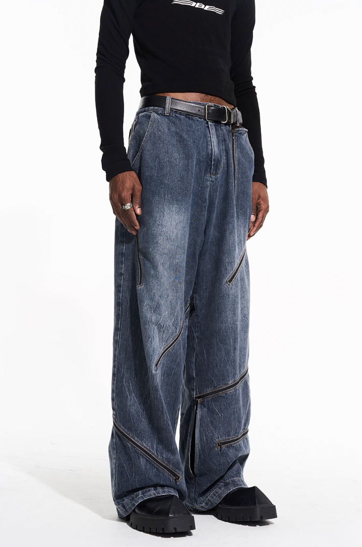 BLIND NO PLAN Zipper Destroyed Deconstructed Washed Denim Jeans