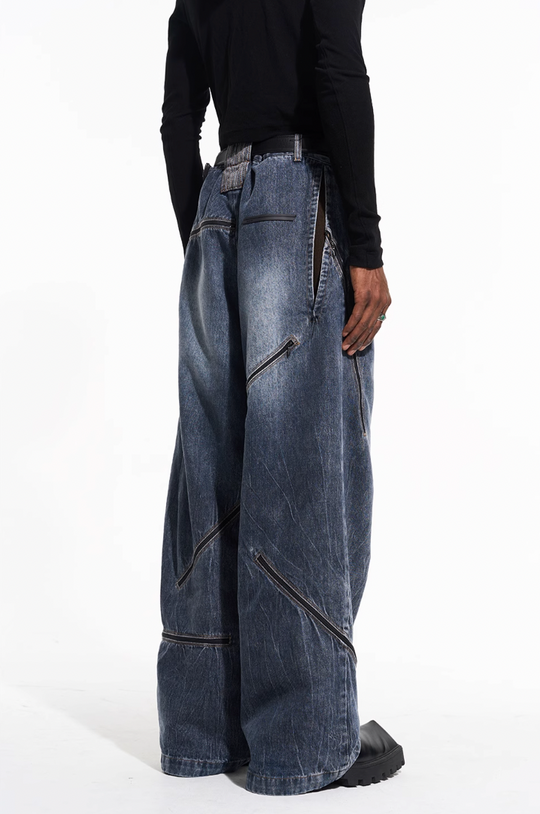 BLIND NO PLAN Zipper Destroyed Deconstructed Washed Denim Jeans