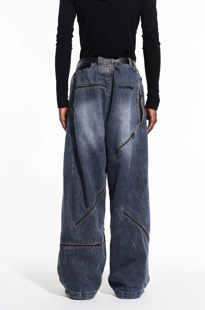 BLIND NO PLAN Zipper Destroyed Deconstructed Washed Denim Jeans