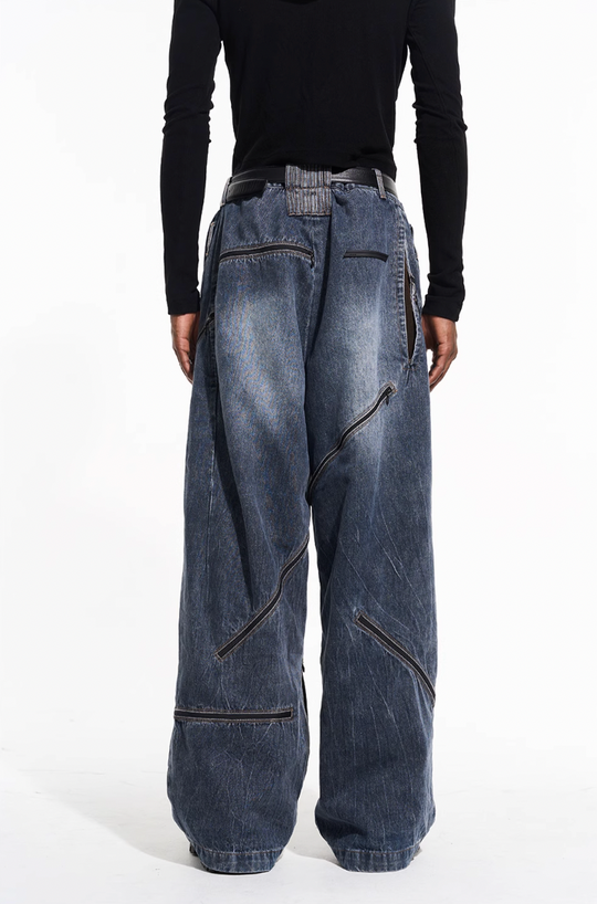 BLIND NO PLAN Zipper Destroyed Deconstructed Washed Denim Jeans