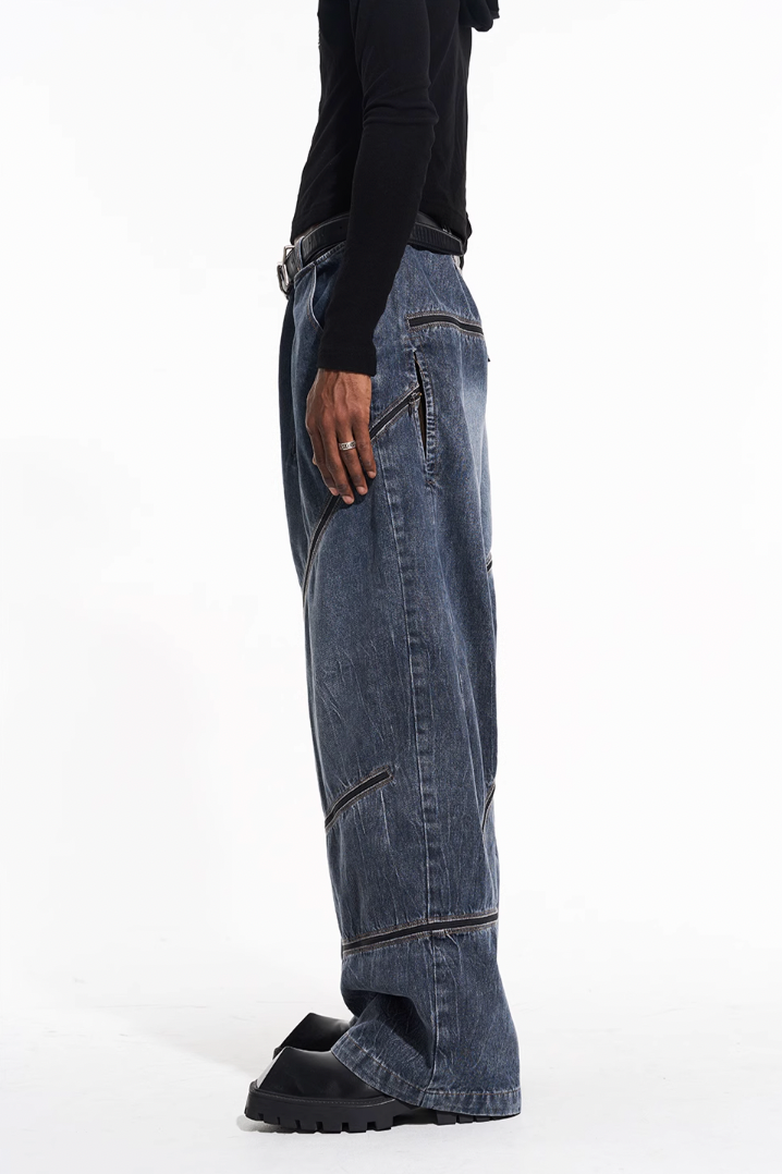 BLIND NO PLAN Zipper Destroyed Deconstructed Washed Denim Jeans
