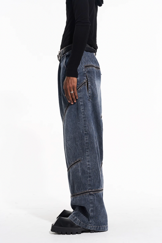 BLIND NO PLAN Zipper Destroyed Deconstructed Washed Denim Jeans