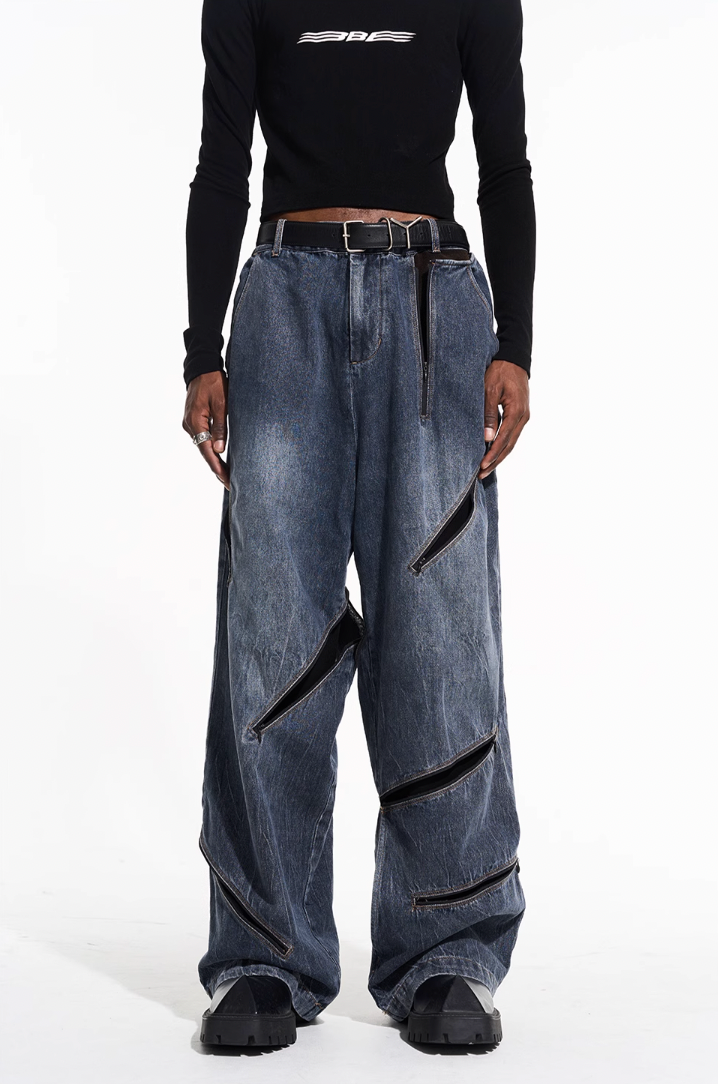 BLIND NO PLAN Zipper Destroyed Deconstructed Washed Denim Jeans