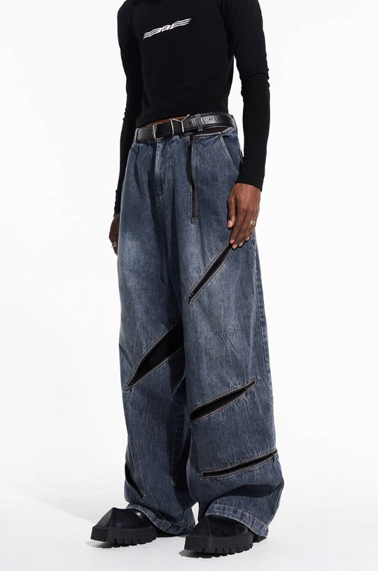 BLIND NO PLAN Zipper Destroyed Deconstructed Washed Denim Jeans