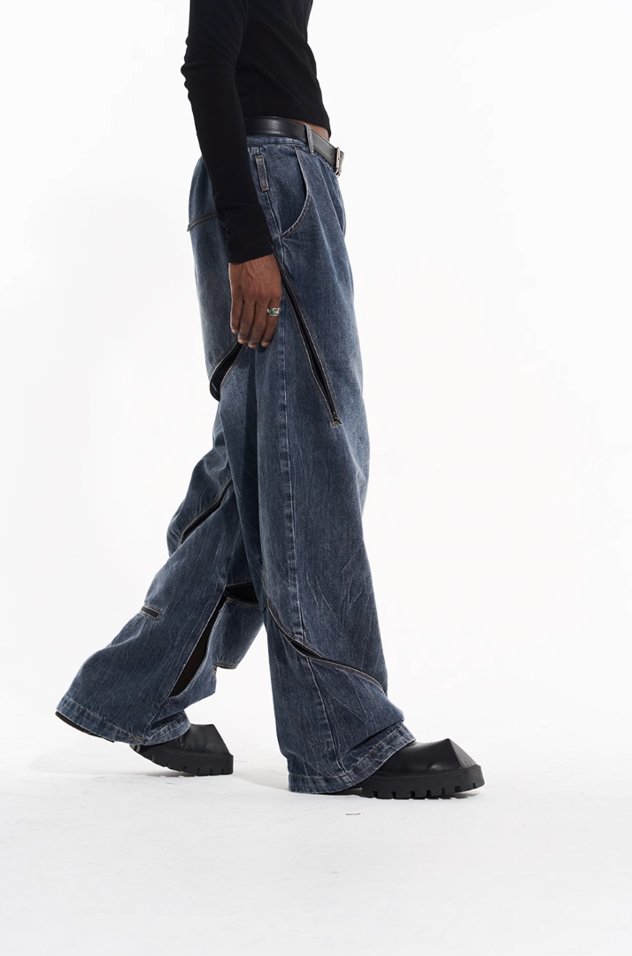 BLIND NO PLAN Zipper Destroyed Deconstructed Washed Denim Jeans