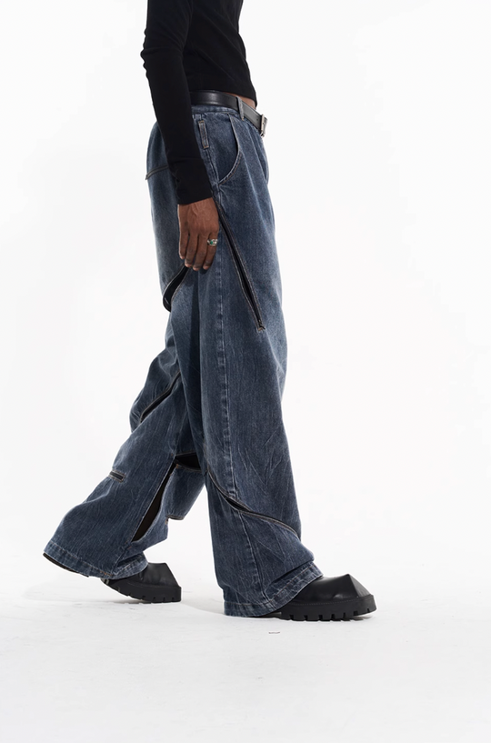BLIND NO PLAN Zipper Destroyed Deconstructed Washed Denim Jeans
