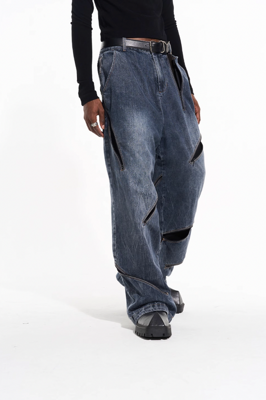 BLIND NO PLAN Zipper Destroyed Deconstructed Washed Denim Jeans