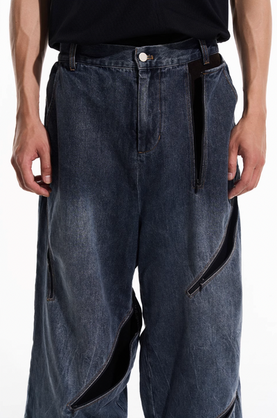 BLIND NO PLAN Zipper Destroyed Deconstructed Washed Denim Jeans