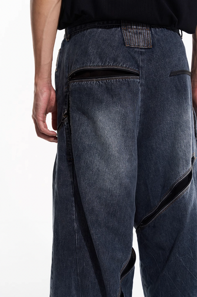 BLIND NO PLAN Zipper Destroyed Deconstructed Washed Denim Jeans