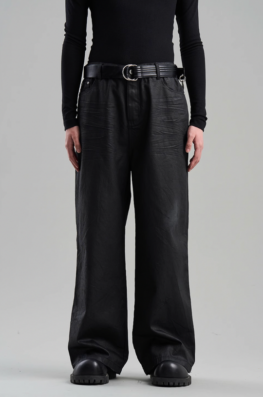 BLIND NO PLAN Coated Brushed Wax Pleated Straight Leg Pants