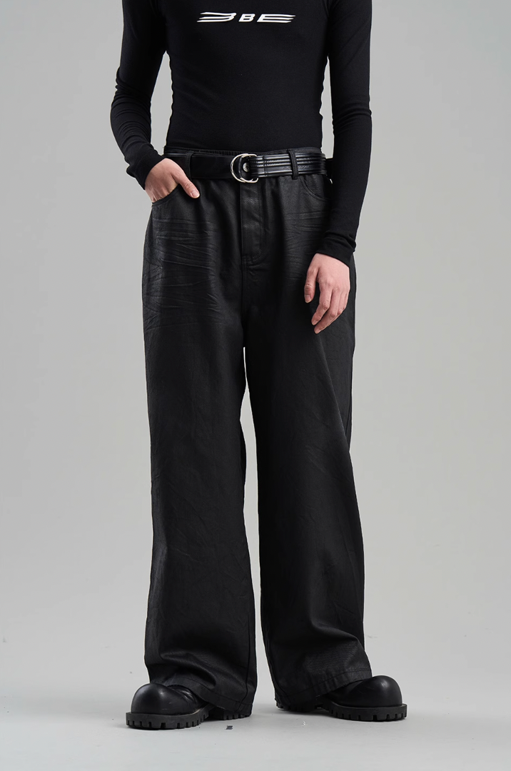 BLIND NO PLAN Coated Brushed Wax Pleated Straight Leg Pants