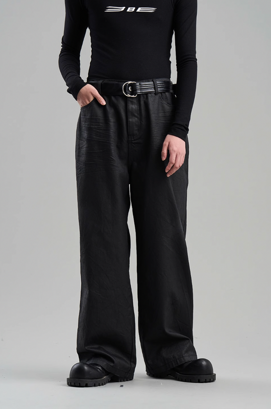 BLIND NO PLAN Coated Brushed Wax Pleated Straight Leg Pants