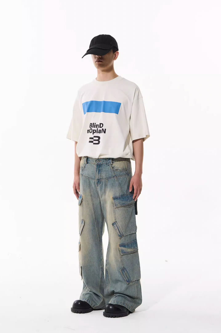 BLIND NO PLAN Aged & Washed Pocket Patchwork Denim Work Pants