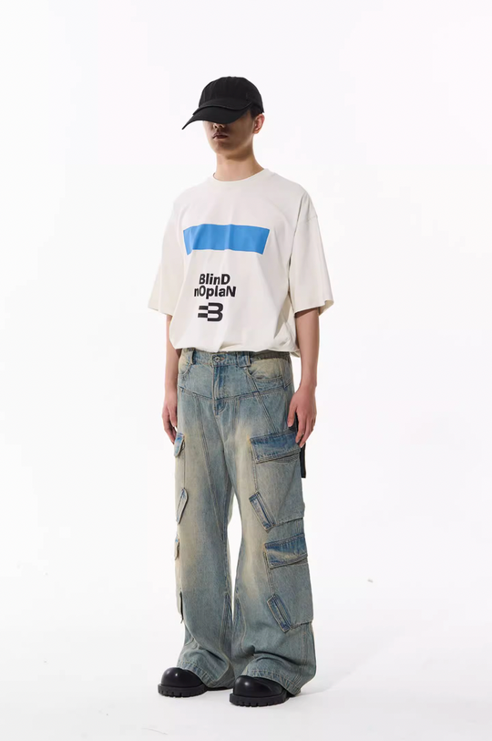BLIND NO PLAN Aged & Washed Pocket Patchwork Denim Work Pants