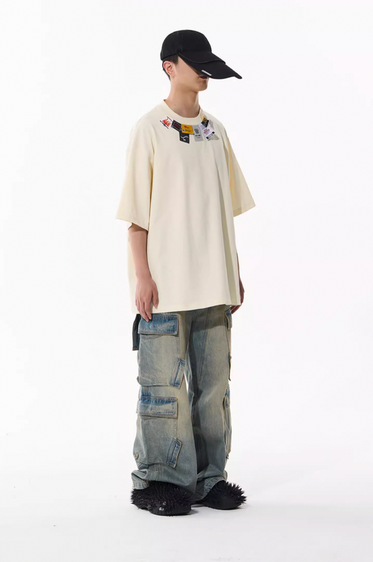 BLIND NO PLAN Aged & Washed Pocket Patchwork Denim Work Pants