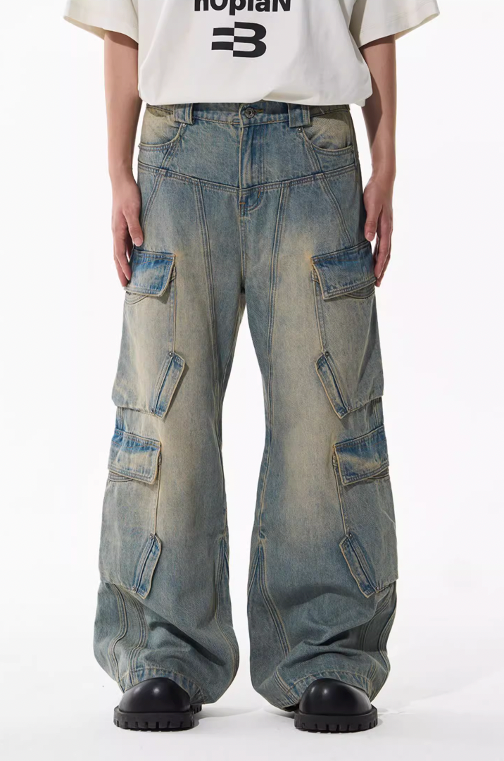 BLIND NO PLAN Aged & Washed Pocket Patchwork Denim Work Pants