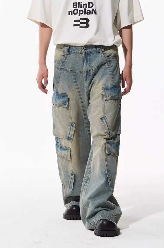BLIND NO PLAN Aged & Washed Pocket Patchwork Denim Work Pants