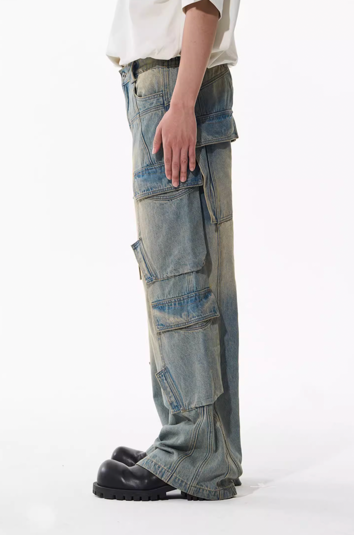 BLIND NO PLAN Aged & Washed Pocket Patchwork Denim Work Pants