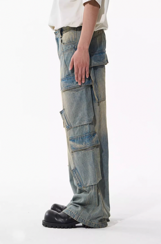 BLIND NO PLAN Aged & Washed Pocket Patchwork Denim Work Pants