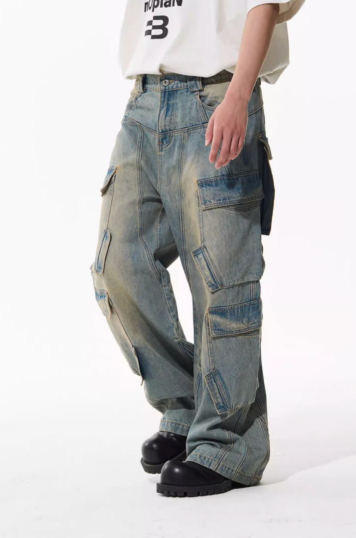 BLIND NO PLAN Aged & Washed Pocket Patchwork Denim Work Pants