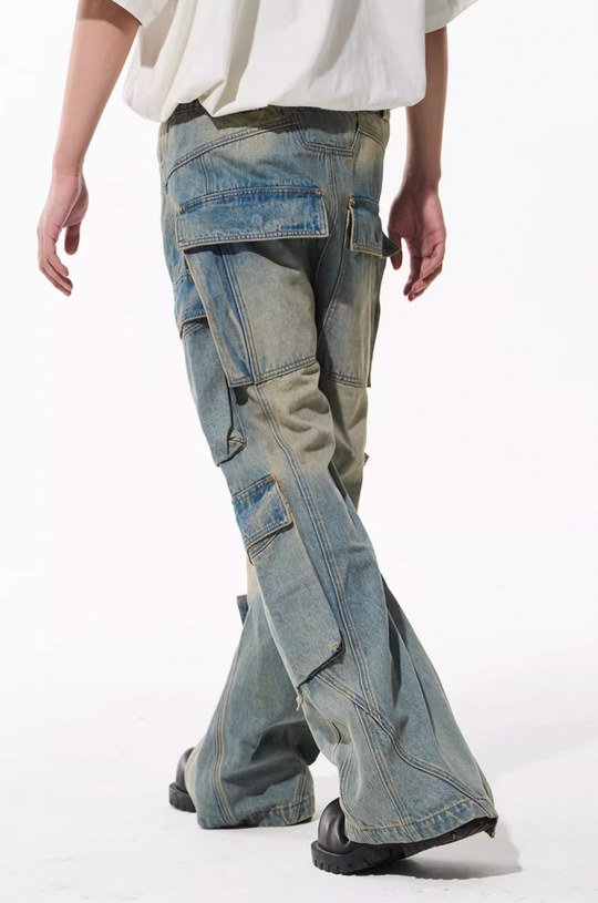 BLIND NO PLAN Aged & Washed Pocket Patchwork Denim Work Pants
