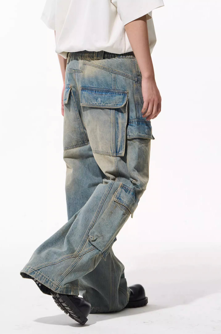 BLIND NO PLAN Aged & Washed Pocket Patchwork Denim Work Pants