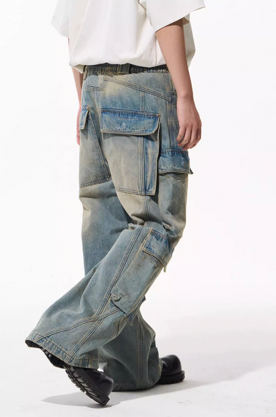 BLIND NO PLAN Aged & Washed Pocket Patchwork Denim Work Pants