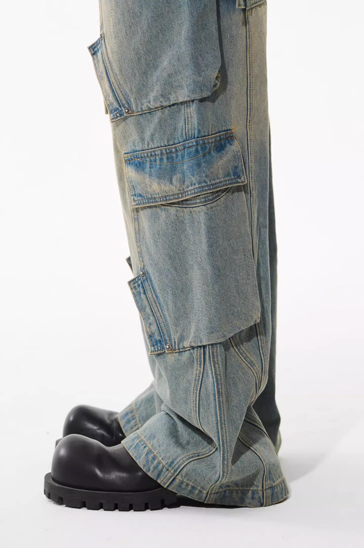 BLIND NO PLAN Aged & Washed Pocket Patchwork Denim Work Pants